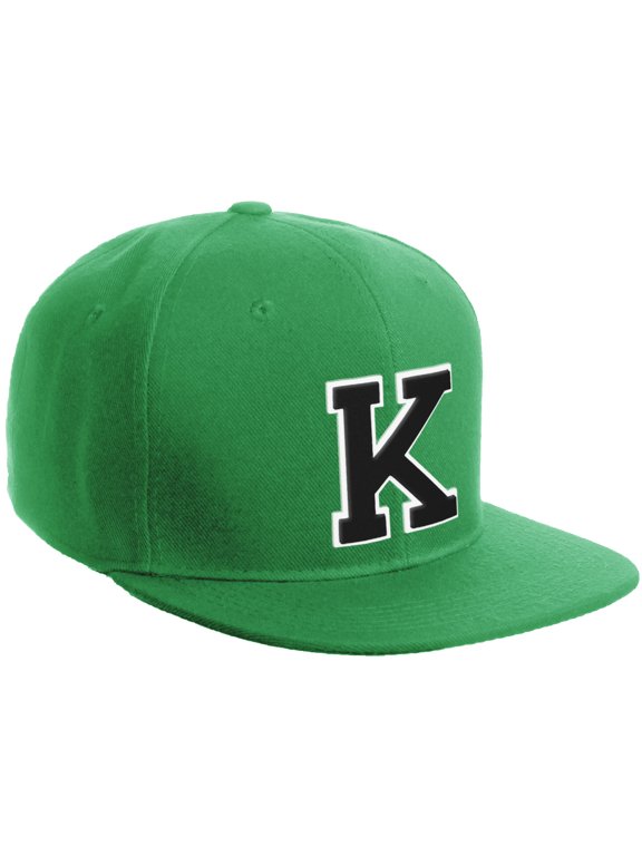 Classic Snapback Hat Custom A to Z Initial Varsity Letters, Kelly Green Hat White Black Letter K