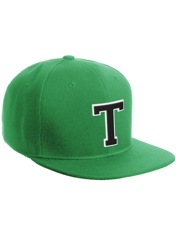 Classic Snapback Hat Custom A to Z Initial Varsity Letters, Kelly Green Hat White Black Letter T