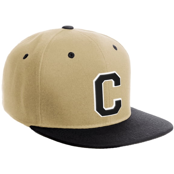 Daxton Classic Snapback Hat Custom A to Z Initial Varsity Letters, Khaki Black Hat White Black Letter C