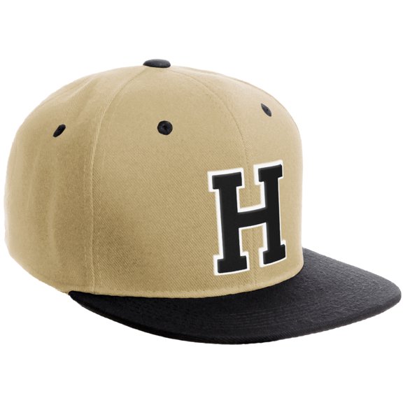 Daxton Classic Snapback Hat Custom A to Z Initial Varsity Letters, Khaki Black Hat White Black Letter H