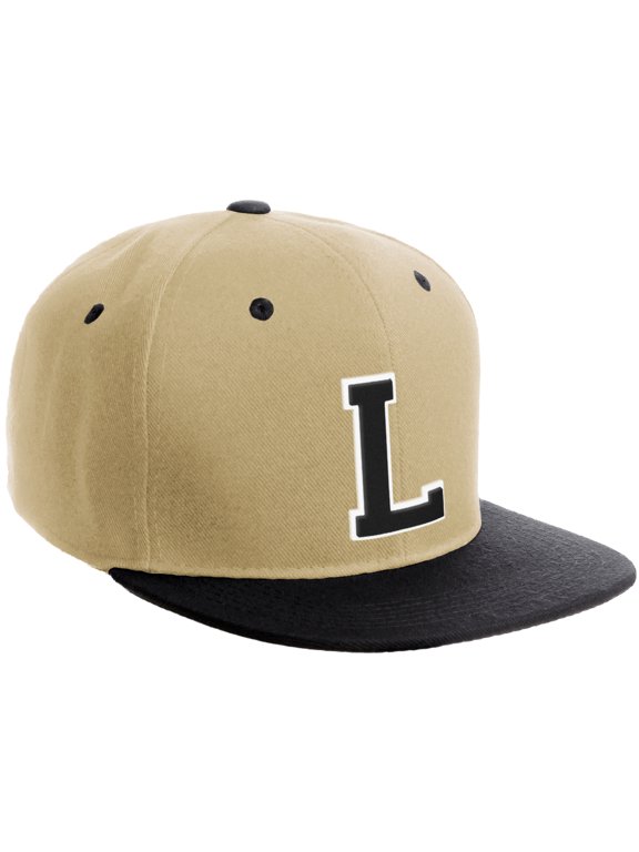 Classic Snapback Hat Custom A to Z Initial Varsity Letters, Khaki Black Hat White Black Letter L