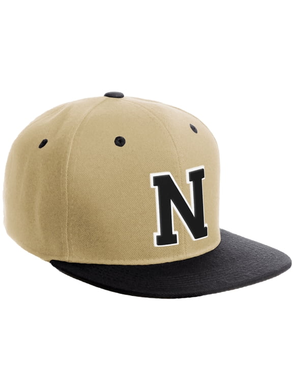 Classic Snapback Hat Custom A to Z Initial Varsity Letters, Khaki Black Hat White Black Letter N