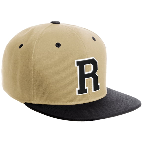 Daxton Classic Snapback Hat Custom A to Z Initial Varsity Letters, Khaki Black Hat White Black Letter R