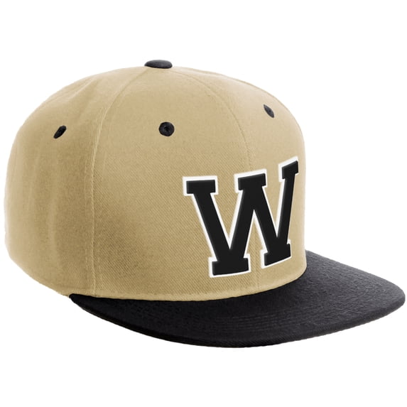 Daxton Classic Snapback Hat Custom A to Z Initial Varsity Letters, Khaki Black Hat White Black Letter W