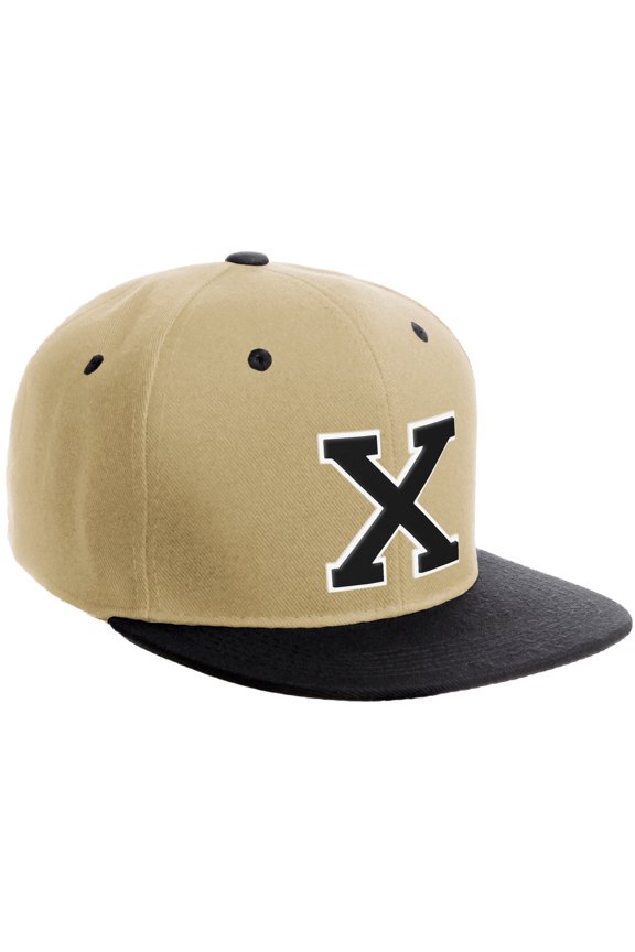 Classic Snapback Hat Custom A to Z Initial Varsity Letters, Khaki Black Hat White Black Letter X