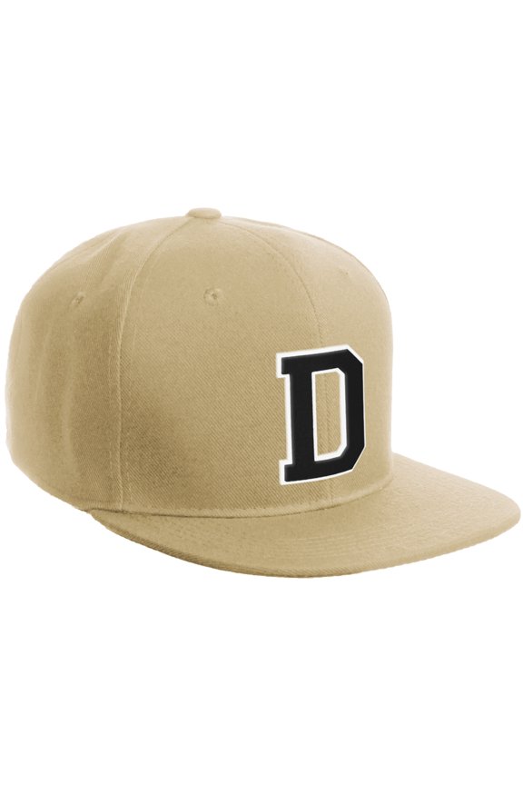 Classic Snapback Hat Custom A to Z Initial Varsity Letters, Khaki Khaki Hat White Black Letter D