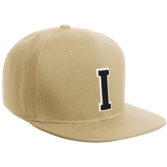 Daxton Classic Snapback Hat Custom A to Z Initial Varsity Letters, Khaki Khaki Hat White Black Letter I