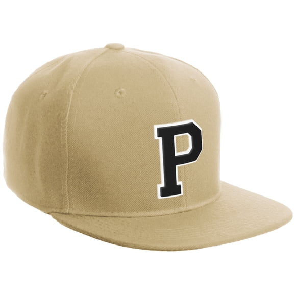 Daxton Classic Snapback Hat Custom A to Z Initial Varsity Letters, Khaki Khaki Hat White Black Letter P