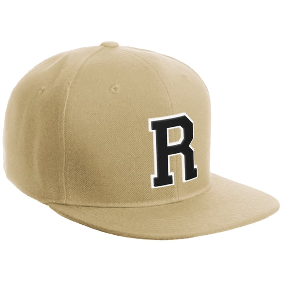 Daxton Classic Snapback Hat Custom A to Z Initial Varsity Letters, Khaki Khaki Hat White Black Letter R
