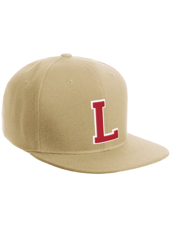 Classic Snapback Hat Custom A to Z Initial Varsity Letters, Khaki Khaki Hat White Red Letter L