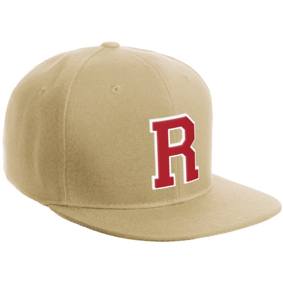 Daxton Classic Snapback Hat Custom A to Z Initial Varsity Letters, Khaki Khaki Hat White Red Letter R