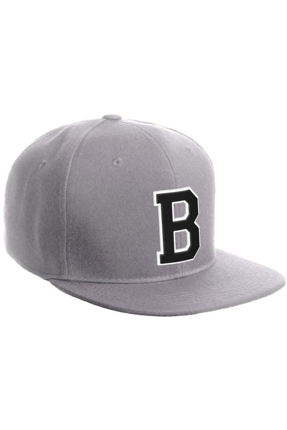 Classic Snapback Hat Custom A to Z Initial Varsity Letters, Light Grey Hat White Black Letter B
