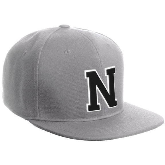Daxton Classic Snapback Hat Custom A to Z Initial Varsity Letters, Light Grey Hat White Black Letter N