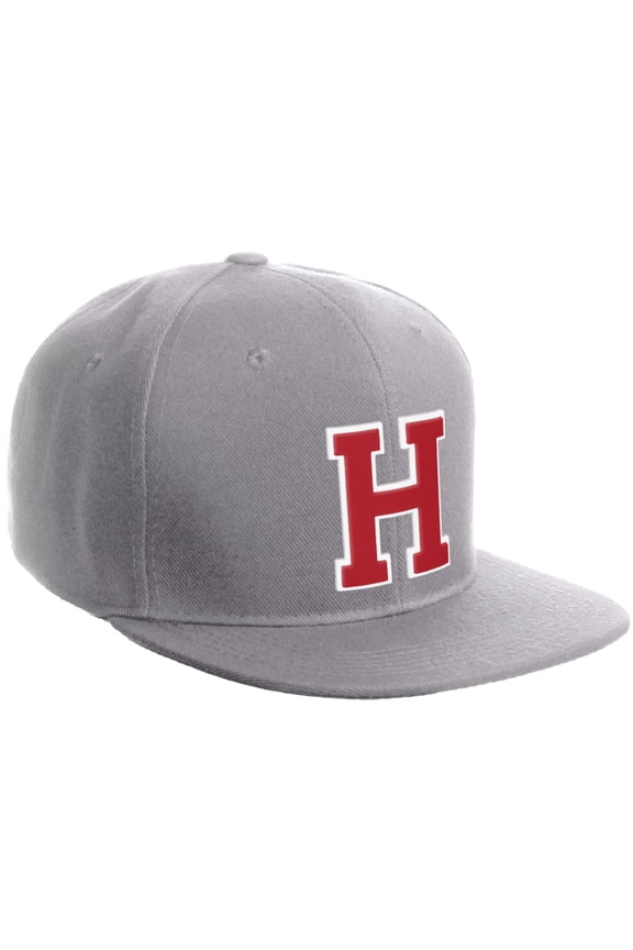 Classic Snapback Hat Custom A to Z Initial Varsity Letters, Light Grey Hat White Red Letter H