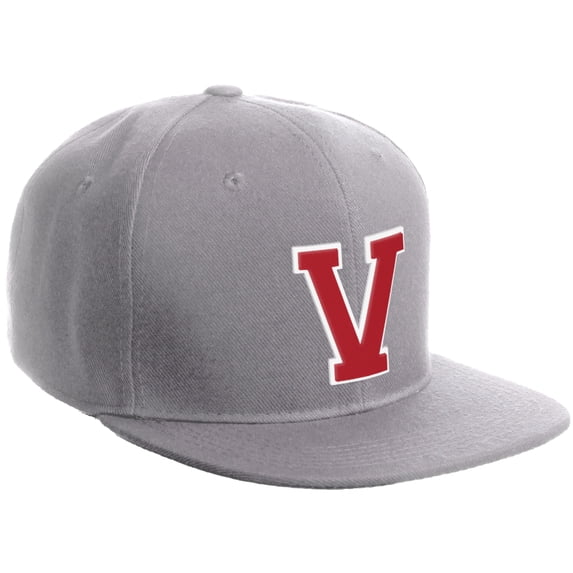 Daxton Classic Snapback Hat Custom A to Z Initial Varsity Letters, Light Grey Hat White Red Letter V