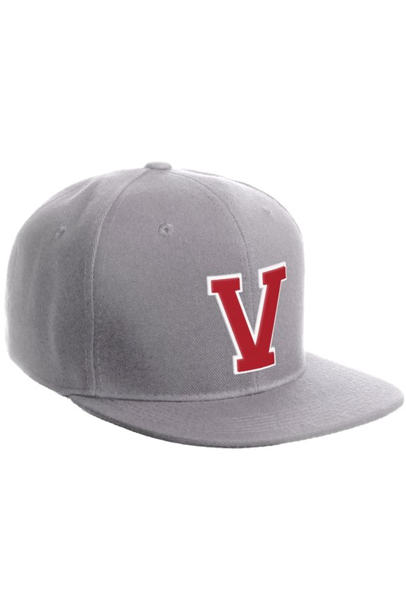 Classic Snapback Hat Custom A to Z Initial Varsity Letters, Light Grey Hat White Red Letter V
