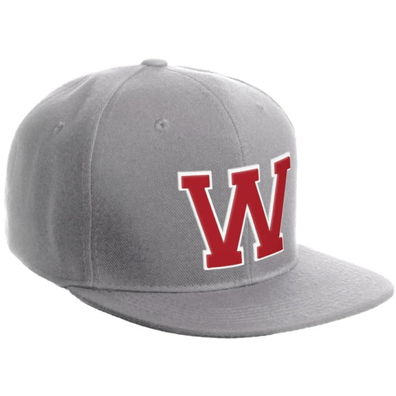 Daxton Classic Snapback Hat Custom A to Z Initial Varsity Letters, Light Grey Hat White Red Letter W