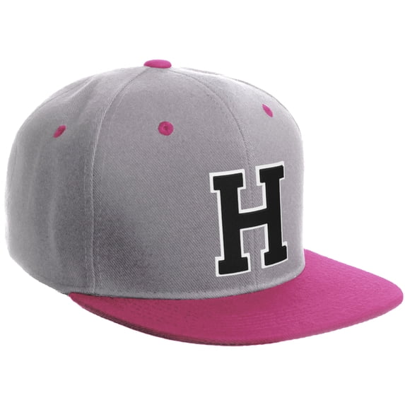 Daxton Classic Snapback Hat Custom A to Z Initial Varsity Letters, Light Grey Hot Pink Hat White Black Letter H