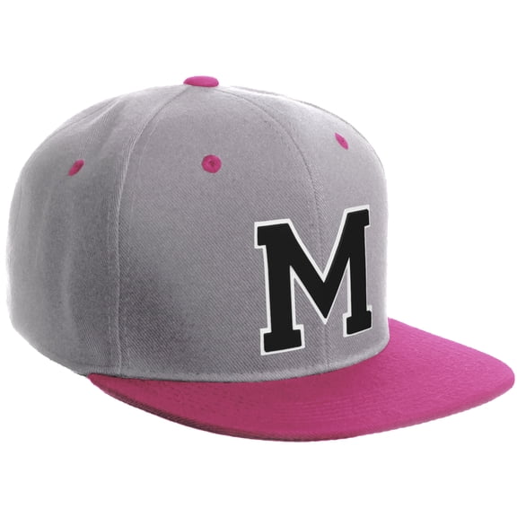 Daxton Classic Snapback Hat Custom A to Z Initial Varsity Letters, Light Grey Hot Pink Hat White Black Letter M