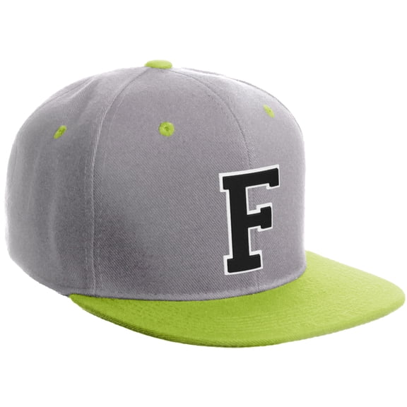 Daxton Classic Snapback Hat Custom A to Z Initial Varsity Letters, Light Grey Lime Hat White Black Letter F