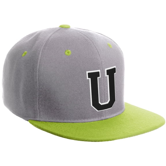 Daxton Classic Snapback Hat Custom A to Z Initial Varsity Letters, Light Grey Lime Hat White Black Letter U