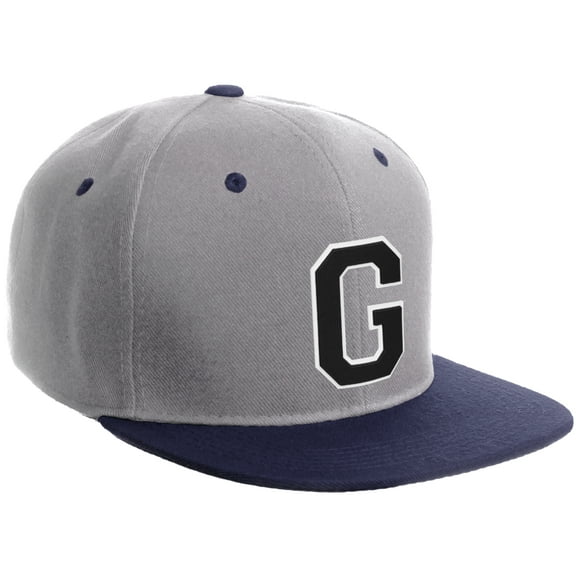 Daxton Classic Snapback Hat Custom A to Z Initial Varsity Letters, Light Grey Navy Hat White Black Letter G