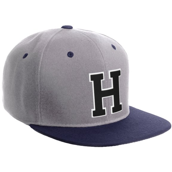 Daxton Classic Snapback Hat Custom A to Z Initial Varsity Letters, Light Grey Navy Hat White Black Letter H