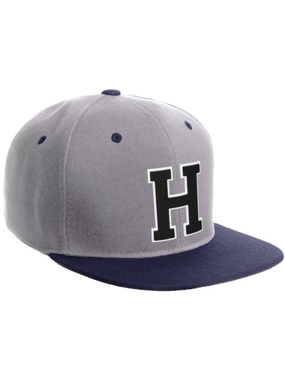Classic Snapback Hat Custom A to Z Initial Varsity Letters, Light Grey Navy Hat White Black Letter H