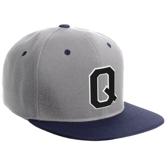 Daxton Classic Snapback Hat Custom A to Z Initial Varsity Letters, Light Grey Navy Hat White Black Letter Q