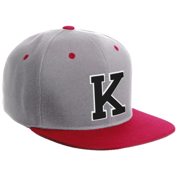 Daxton Classic Snapback Hat Custom A to Z Initial Varsity Letters, Light Grey Red Hat White Black Letter K