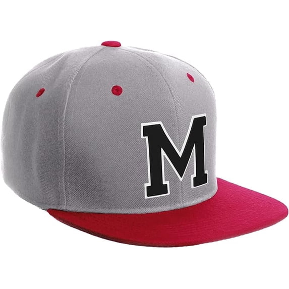 Daxton Classic Snapback Hat Custom A to Z Initial Varsity Letters, Light Grey Red Hat White Black Letter M