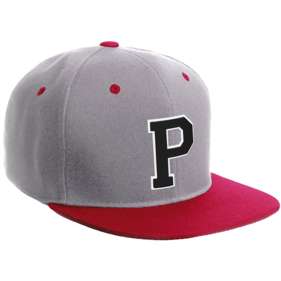Daxton Classic Snapback Hat Custom A to Z Initial Varsity Letters, Light Grey Red Hat White Black Letter P