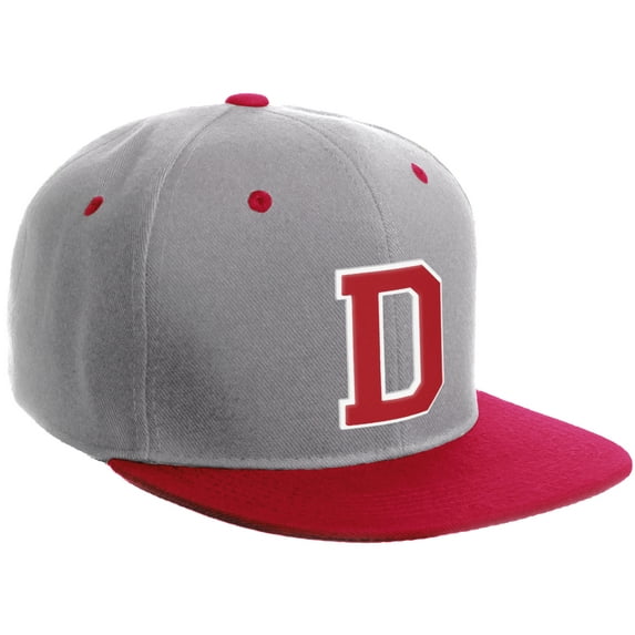 Daxton Classic Snapback Hat Custom A to Z Initial Varsity Letters, Light Grey Red Hat White Red Letter D