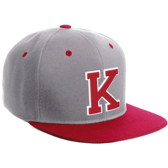 Daxton Classic Snapback Hat Custom A to Z Initial Varsity Letters, Light Grey Red Hat White Red Letter K