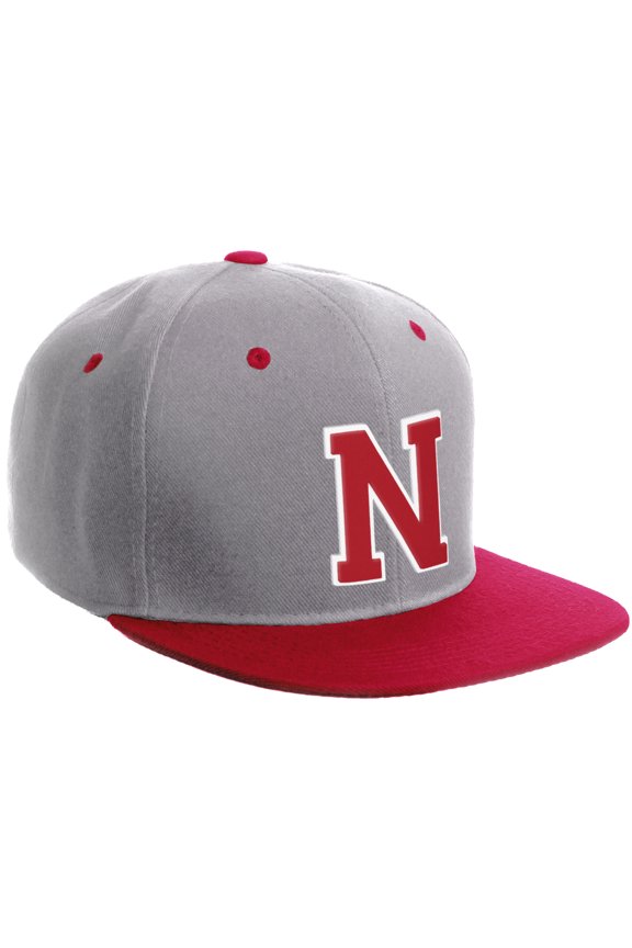 Classic Snapback Hat Custom A to Z Initial Varsity Letters, Light Grey Red Hat White Red Letter N