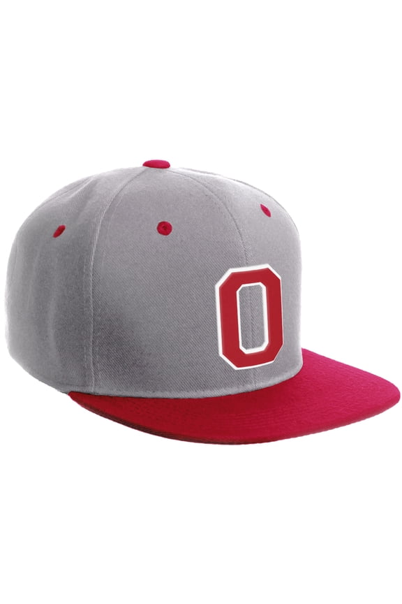 Classic Snapback Hat Custom A to Z Initial Varsity Letters, Light Grey Red Hat White Red Letter O