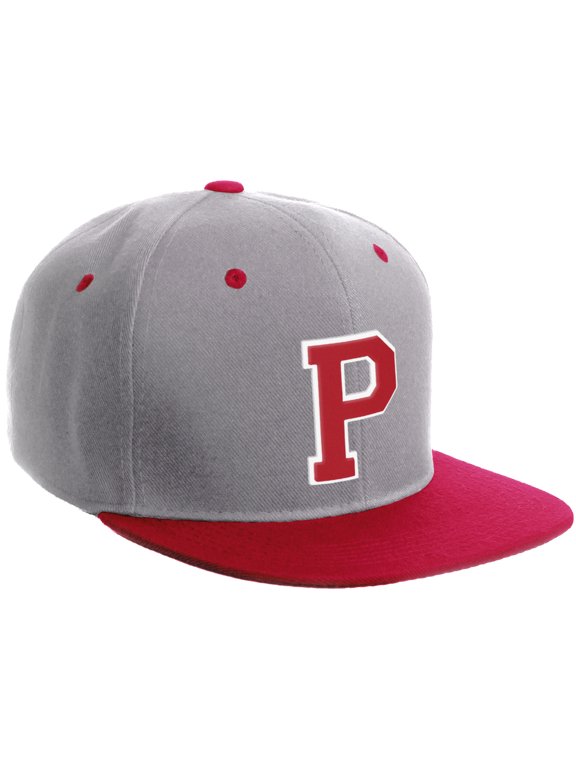 Classic Snapback Hat Custom A to Z Initial Varsity Letters, Light Grey Red Hat White Red Letter P