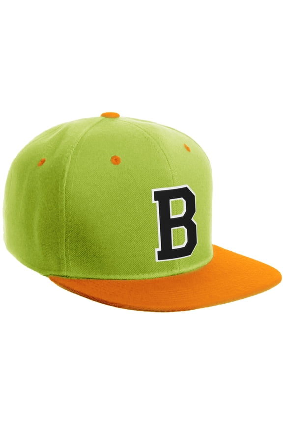 Classic Snapback Hat Custom A to Z Initial Varsity Letters, Lime Orange Hat White Black Letter B