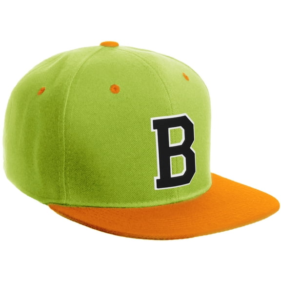 Daxton Classic Snapback Hat Custom A to Z Initial Varsity Letters, Lime Orange Hat White Black Letter B