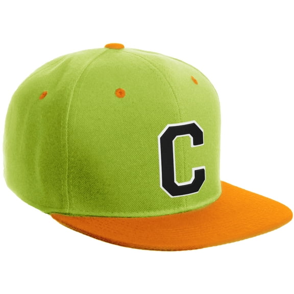 Daxton Classic Snapback Hat Custom A to Z Initial Varsity Letters, Lime Orange Hat White Black Letter C