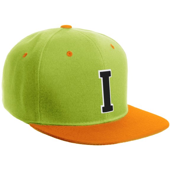 Daxton Classic Snapback Hat Custom A to Z Initial Varsity Letters, Lime Orange Hat White Black Letter I