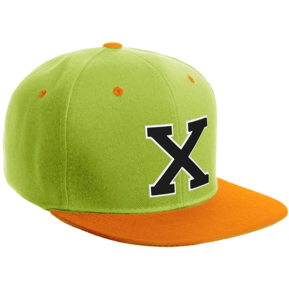 Daxton Classic Snapback Hat Custom A to Z Initial Varsity Letters, Lime Orange Hat White Black Letter X