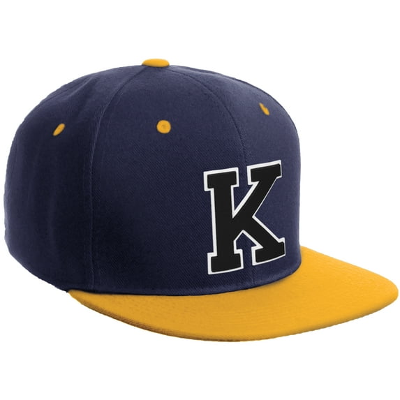 Daxton Classic Snapback Hat Custom A to Z Initial Varsity Letters, Navy Gold Hat White Black Letter K