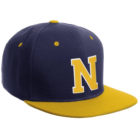 Daxton Classic Snapback Hat Custom A to Z Initial Varsity Letters, Navy Gold Hat White Gold Letter N