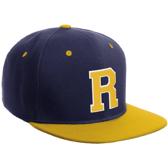 Daxton Classic Snapback Hat Custom A to Z Initial Varsity Letters, Navy Gold Hat White Gold Letter R