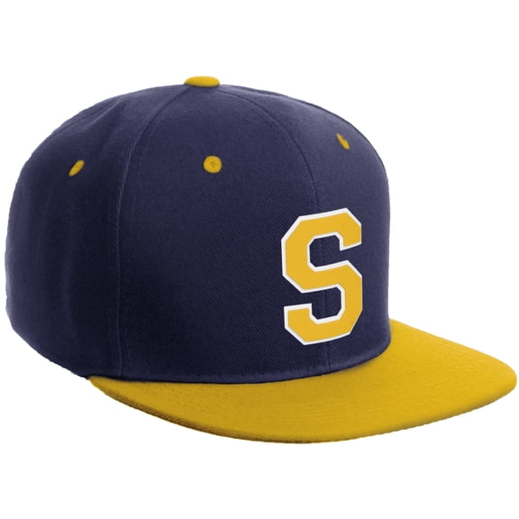 Daxton Classic Snapback Hat Custom A to Z Initial Varsity Letters, Navy Gold Hat White Gold Letter S