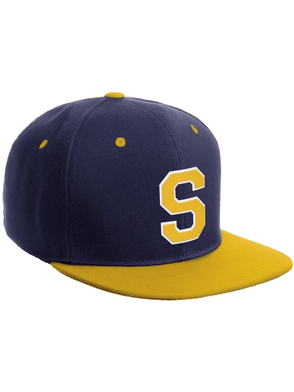 Classic Snapback Hat Custom A to Z Initial Varsity Letters, Navy Gold Hat White Gold Letter S