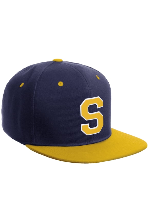 Classic Snapback Hat Custom A to Z Initial Varsity Letters, Navy Gold Hat White Gold Letter S