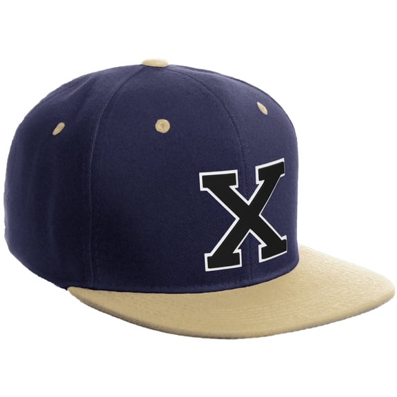 Daxton Classic Snapback Hat Custom A to Z Initial Varsity Letters, Navy Khaki Hat White Black Letter X