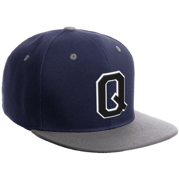 Daxton Classic Snapback Hat Custom A to Z Initial Varsity Letters, Navy Light Grey Hat White Black Letter Q